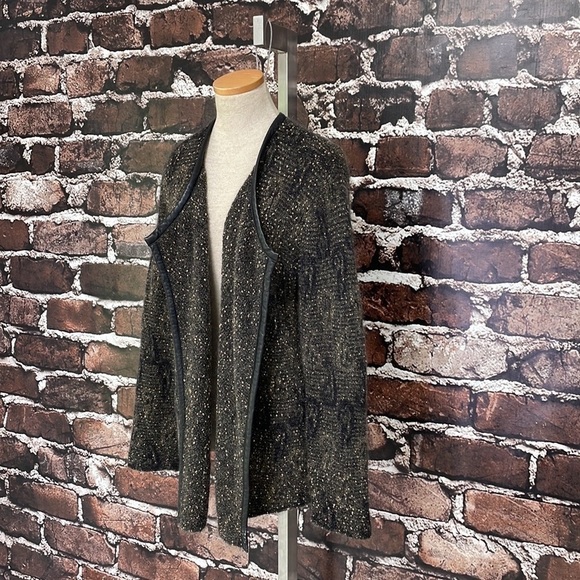 Eileen Fisher Sweater Cardigan Brown Leather Trim Gold Mohair Size Large - Picture 7 of 12